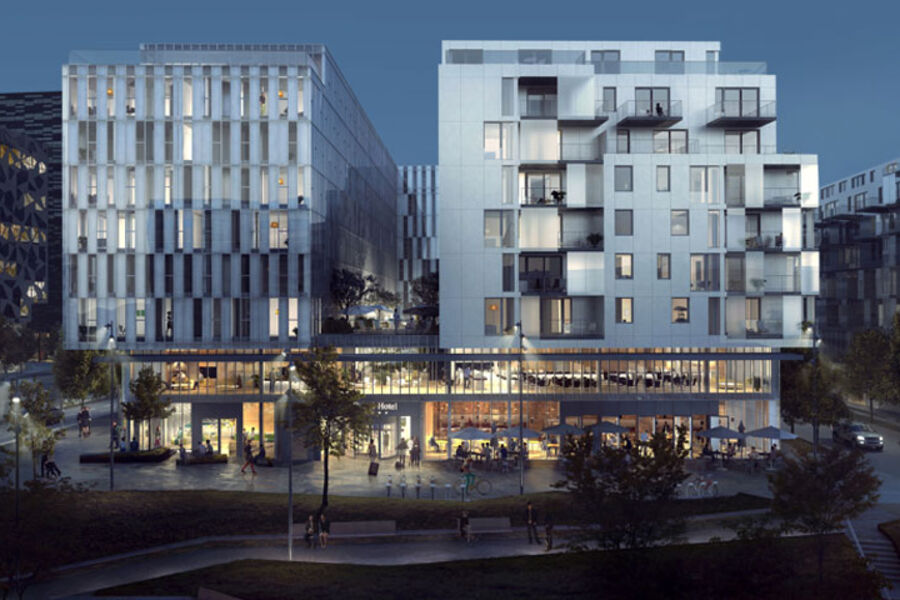 Bygget vil få et moderne uttrykk med utstrakt bruk av takhager og takterrasser som passer godt inn i bybildet. Illustrasjon: Mir