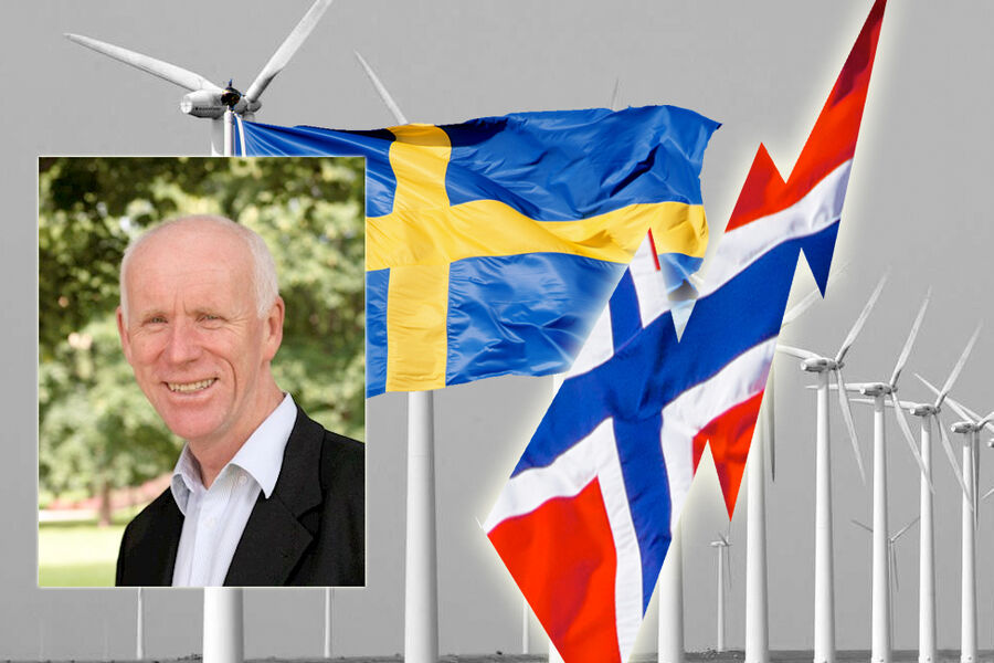 Vassdrags- og energidirektør Per Sanderud (innfelt) 
- Vi ser nå at fornybarutbyggingen i Norge er større enn i Sverige. Illustrasjon: VVSforum.