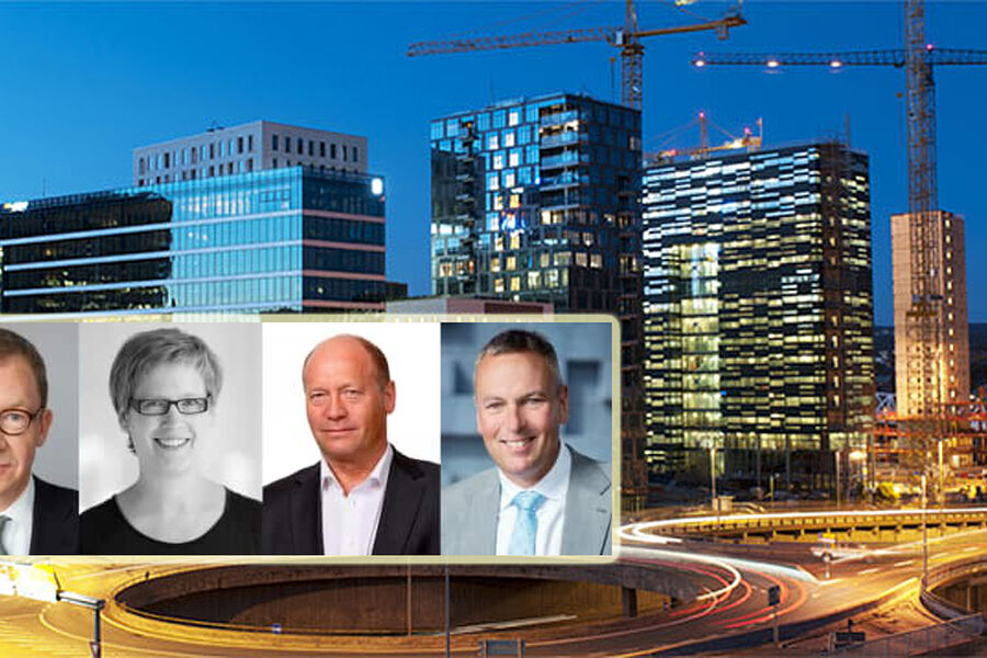 Idar Kreutzer (f.v.), administrerende direktør i Finans Norge, Tonje Frydenlund, daglig leder i Snøhetta, Per Morten Johansen, administrerende direktør i Omsorgsbygg og Rolf Thorsen, administrerende direktør i Oslo S Utvikling er trekkplastre på NGBCs arrangement neste uke.