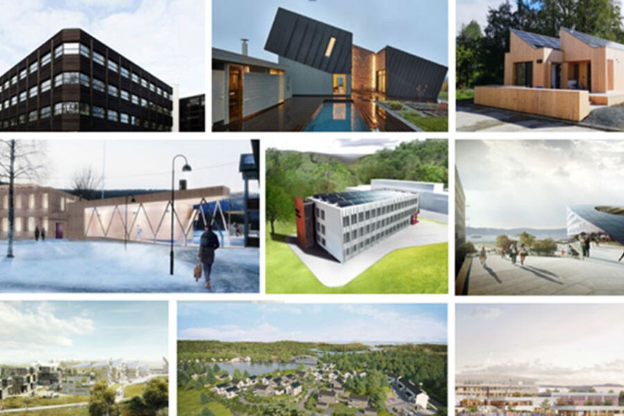 9 pilotbygg i forskningssenteret Zero Emission Buildings (ZEB). Øverst fra venstre: Powerhouse Kjørbo (Foto: Chris Aadland), ZEB House Multikomfort, Larvik (Foto: Paal A. Schwital/Metro), ZEB Living Lab Trondheim (Foto: NTNU), Høgskolen i Hedmark, Evenstad (Ill.: Ola Roald Arkitekter/Statsbygg), Visund Haakonsvern (Ill.: LINK arkitektur/Forsvarsbygg), Powerhouse Brattørkaia (Ill.: Snøhetta/MIR), Zero Village Bergen (Ill.: Snøhetta/MIR), Skarpnes boligfelt, Arendal (Ill.: Skanska/Rambøll), Heimdal videregående skole, Trondheim (Ill.: Skanska/Rambøll/KHR).