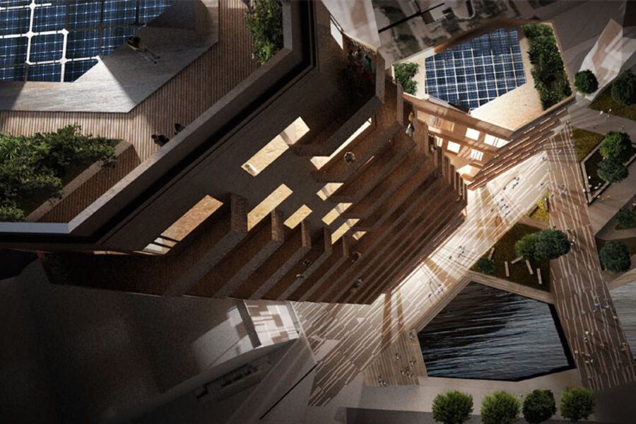 Avantors kombinasjonsbygg Gullhaug Torg 2 får blant annet naturlig ventilasjon i kontoretasjene, vannbåren varme og kjøling innstøpt i vegger med leirpuss, og solceller på taket. Illustrasjon: Snøhetta/MIR.