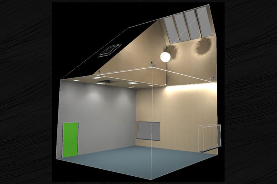 Samlingsrommene i barnehagen får inn via vinduer nede på veggen, mens lufta slippes ut via takvinduer. Illustrasjon: Halvor Ness.