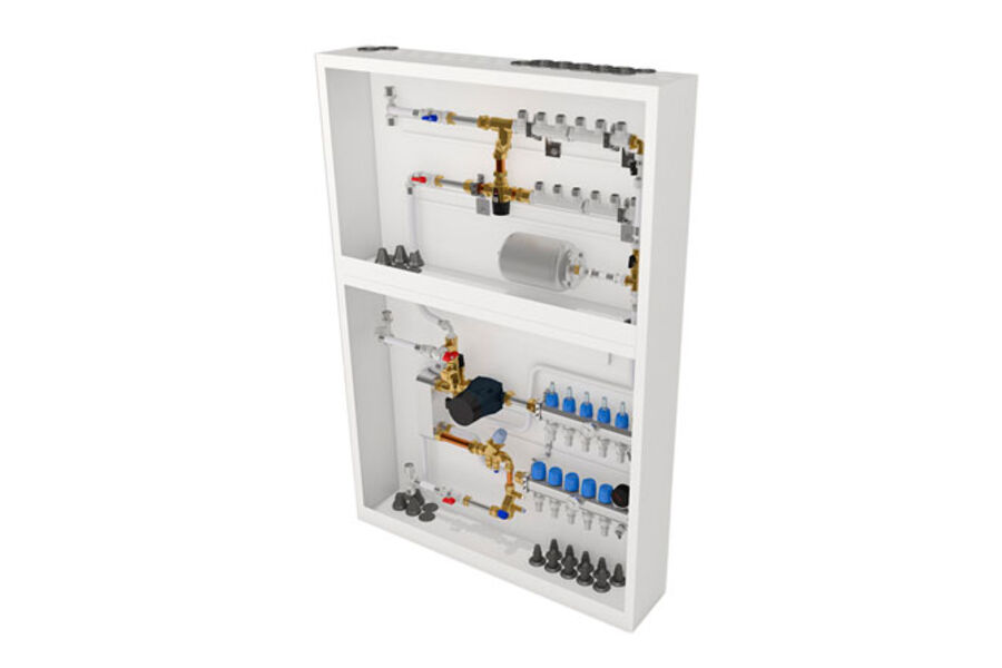 LK Kombiskap UNI-X er en komplett enhet for distribusjon av gulvvarme/radiatorvarme, kaldtvann og varmtvann i en bolig.