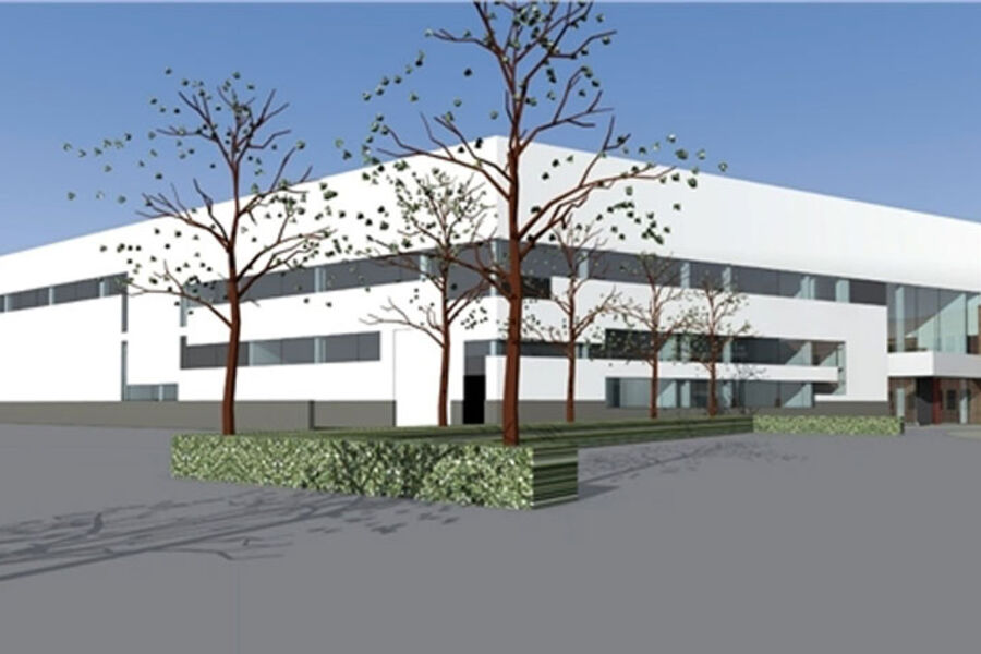 Illustrasjon av det nye bygget til IV Produkt som inneholder et testlaboratorium, samt nytt service- og kompetansesenter.