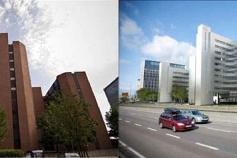 Fredrik Selmers vei 4 i Oslo før og etter oppgradering. Foto: Entra Eiendom (venstre) LPO Arkitekter (høyre)