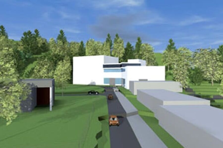 Skisse som viser laboratoriebygget (Ill. SINTEF Energi/ Per Knudsen Arkitektkontor AS )