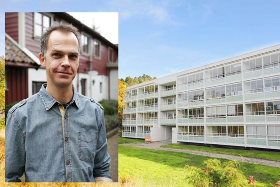 Energi- og miljørådgiver Olav Rønningen hos Kruse Smith. Bakgrunnsfoto fra et rehabiliteringsprosjekt i Kristiansand utført av selskapet for Øvre Kongsgård borettslag. Foto: Kruse Smith.