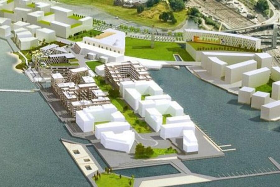 Et nytt stort bygg, og som eventuelt vil bli det største kan bli realisert i Bjørvika ved Middelparken, etter at Hav Eiendom har fått regulert et bygg 46.000 kvadratmeter. Tomten ligger i høyre bildekant, og er her illustrert som et bygg med buet fasade. (Ill. Hav Eiendom) 