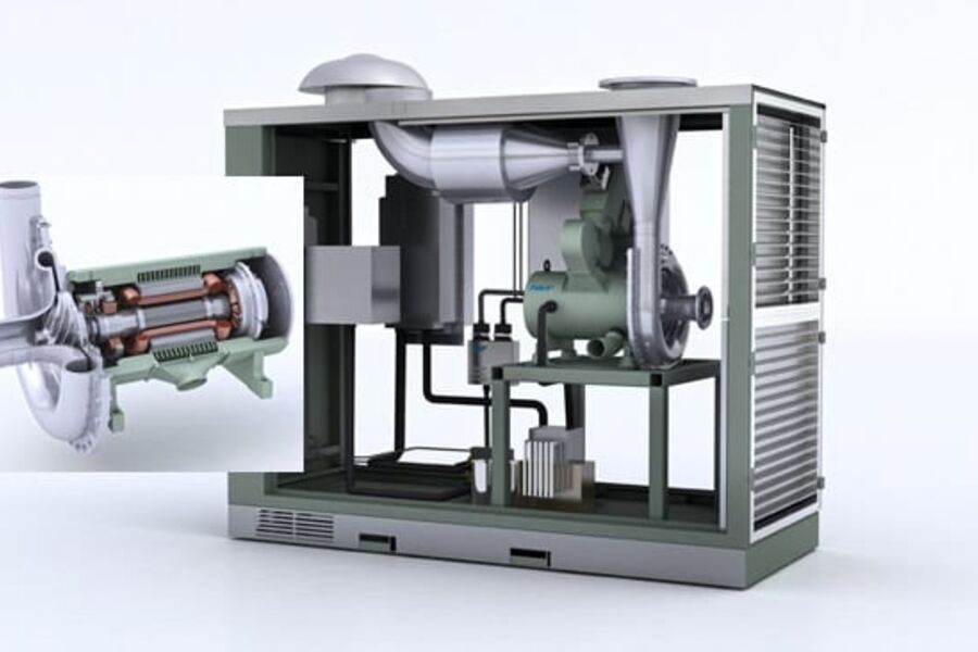 SKFs løsning for ventilasjonssystemer består av en høyhastighets permanentmagnetmotor (PMM) (fra 75 kW til 350 kW), aktive magnetiske lager (AMB) og et integrert AMB kontrollsystem.