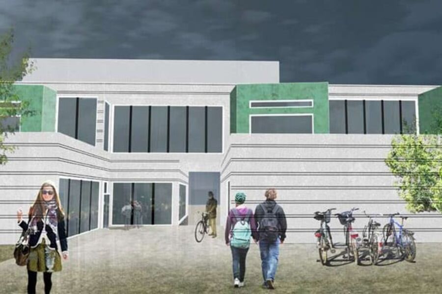 Illustrasjon av Aust Lofoten videregående skole i Svolvær.