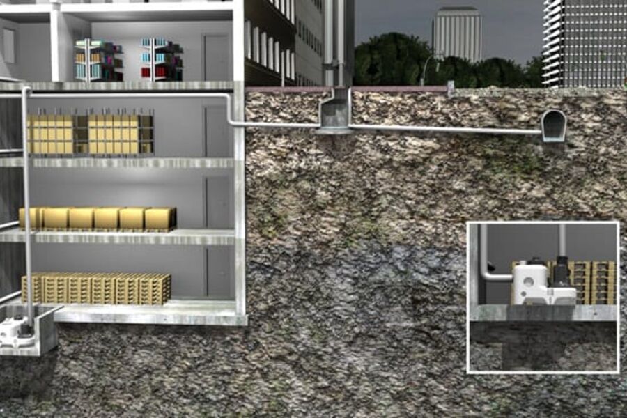 MULTILIFT plassert inne i bygningen løfter avløpsvannet opp til eksisterende avløpsrør og pumper det videre.