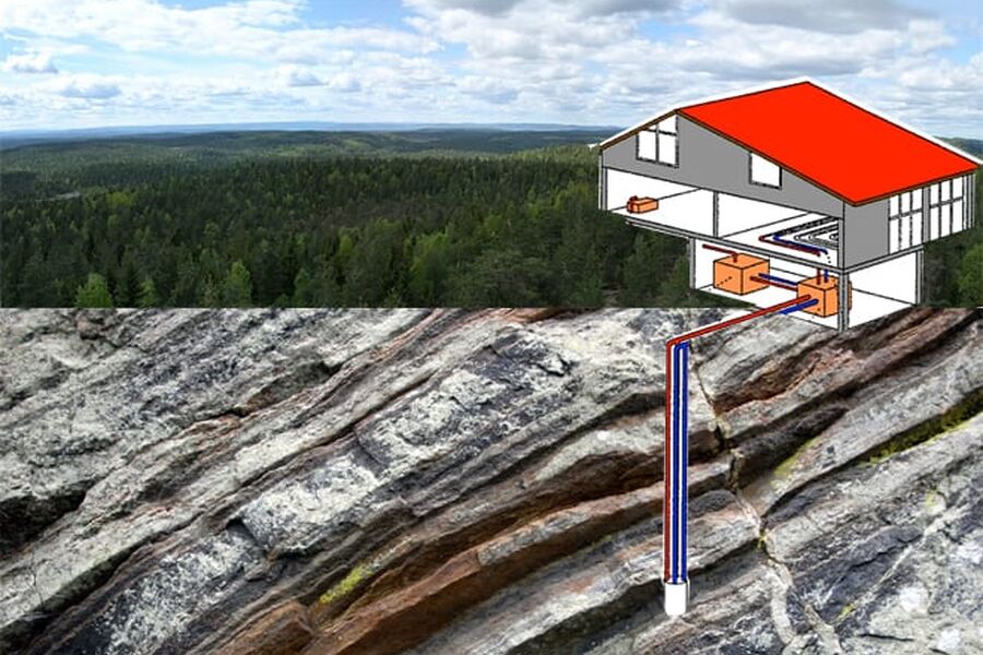 Oslomarka i bakgrunnen, Oslo-gneis i forgrunnen, og alle muligheter for bergvarmepumper. Fotomontasje: VVS-Forum