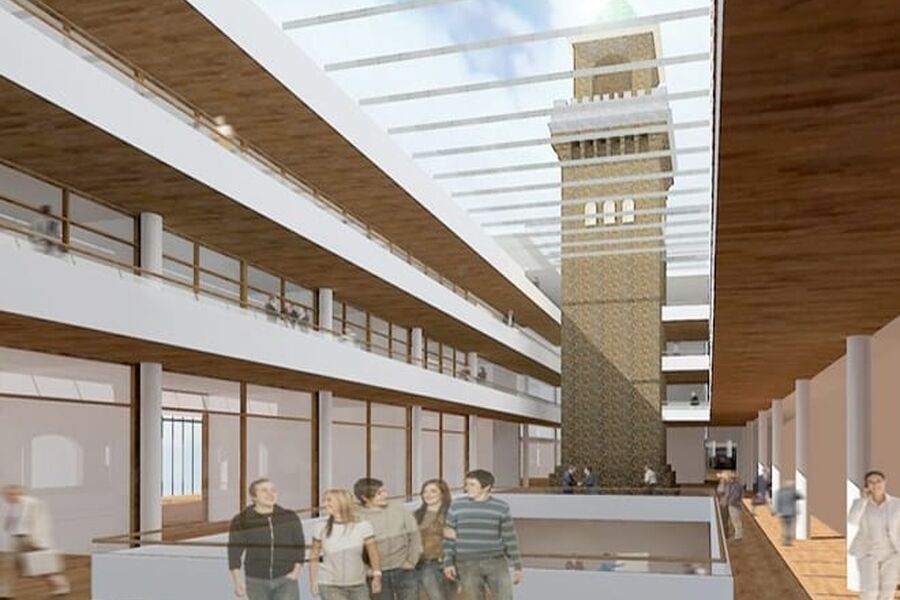 HRTB Arkitekter har tegnet det nye bygget inn mot eksisterende rådhus.