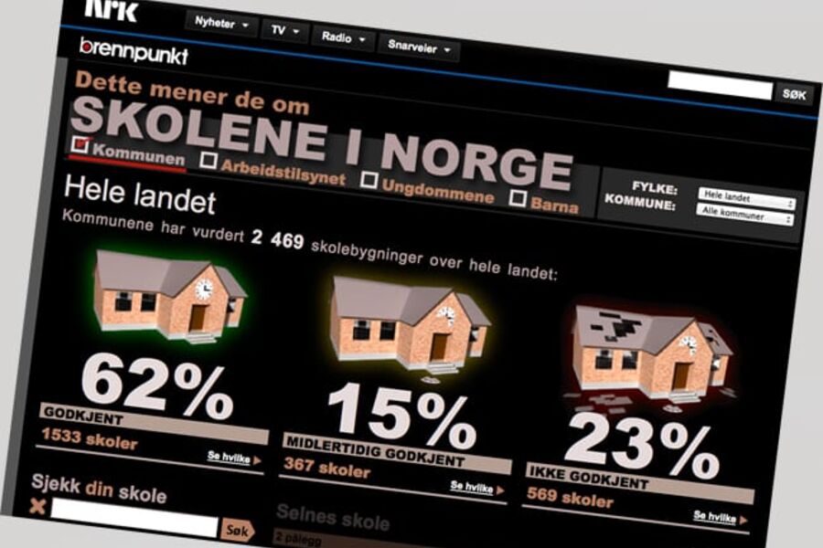 NRKs grafiske fremstilling av skolebygg i Norge.