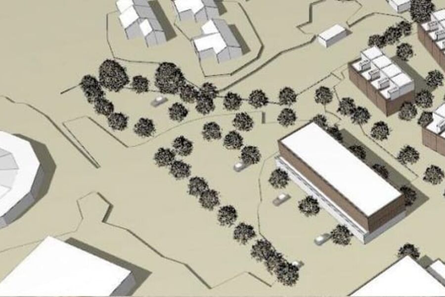 Rema og Veidekke har sikret seg en tomt på 14 mål i Borgen i Asker, og vil utvikle denne med boliger og butikker. (Illustrasjon: Spor Arkitekter) 