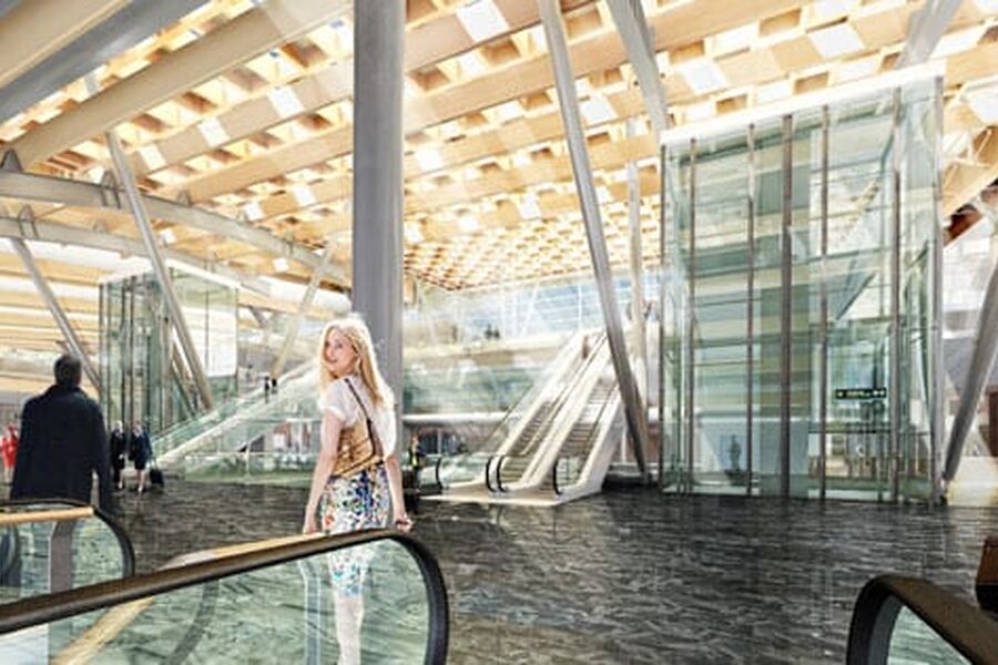 Illustrasjon av inngangspartitet i den nye terminalen T2. Illustrasjon: Team_T AS