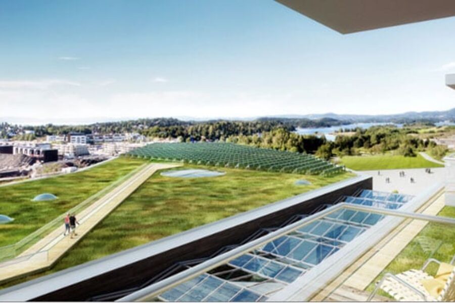 Et av de største og viktigste miljøtiltakene på dette prosjektet er byggingen av 2000 kvm solcellepanel på taket.Illustrasjon: Skanska