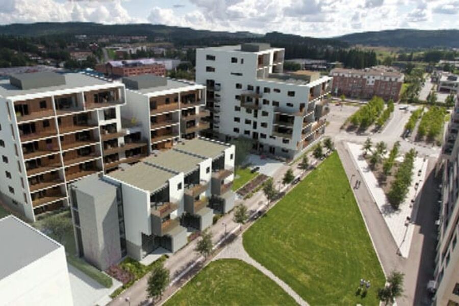 Prosjektet består av tre bygg fra fire til åtte etasjer som ligger på en felles parkeringskjeller.