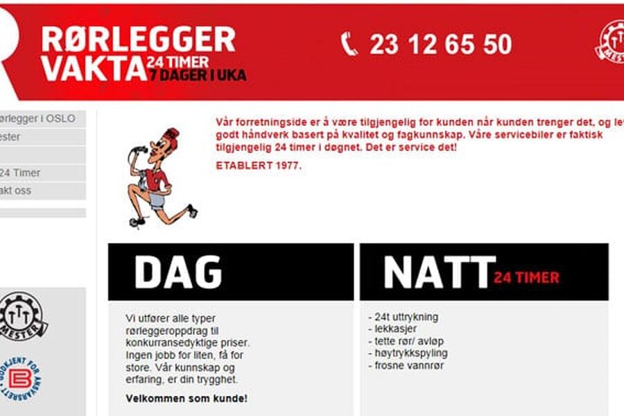 Rørleggervakta AS i Oslo har ikke fått drøftet med sin advokat om saken skal ankes eller ikke. Faksmile av Rørrellervakta sin hjemmeside.