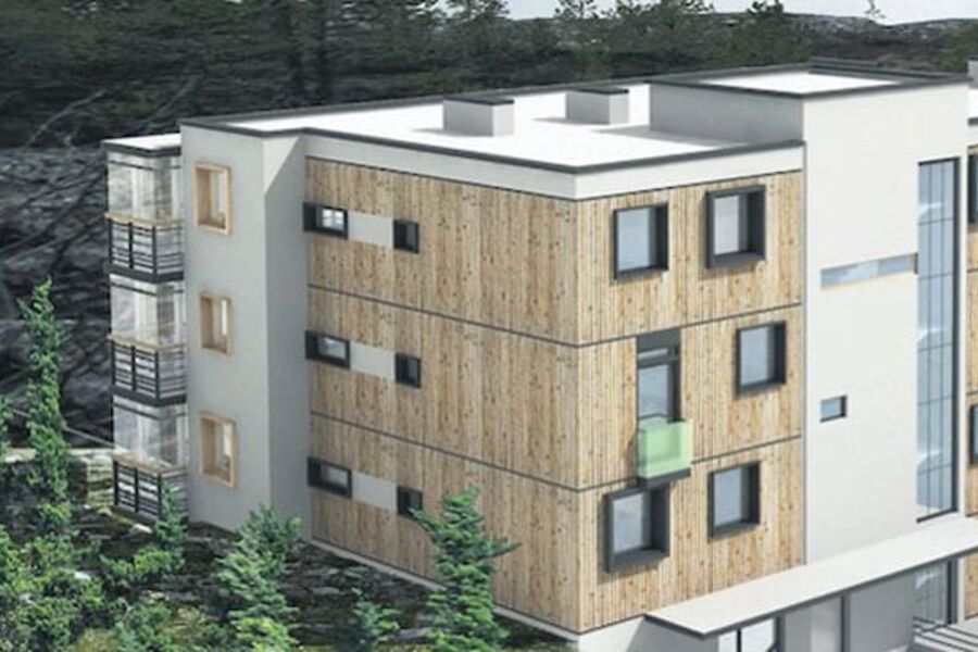 I midten av februar begynte gravearbeidet på Finnmarks første passivhusleiligheter. Våre 2013 skal bygget stå ferdig. Tegning: Papirfly AS/Finnmark Dagblad.