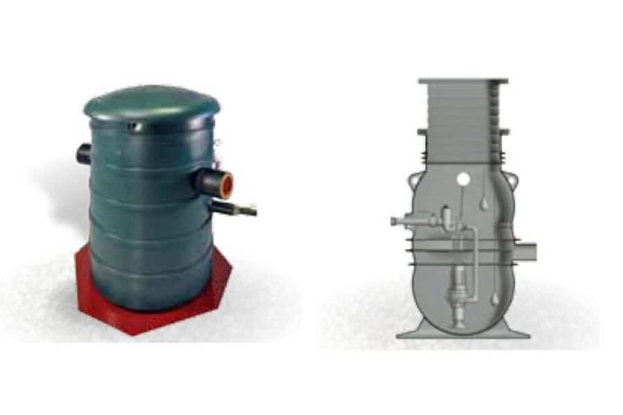 Til høyre ser vi en uisolert kum for hus og hytter med avløp fra kjelleretasje, og til vesntre ser man isolert kum som er helisolert med innebygget frostvakt.