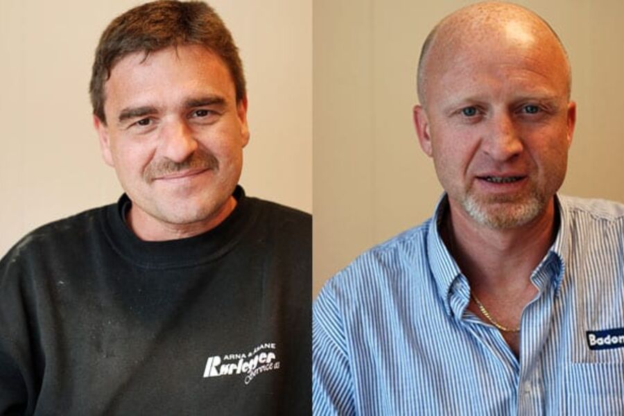 De to prosjektlederne Eirik Haugland og Ståle Høyvik i Arna og Åsane Rørleggerservice AS var fornøyd med å dra i land rørkontrakten i det nye Barne- og ungdomssenteret ved Haukeland sykehus.