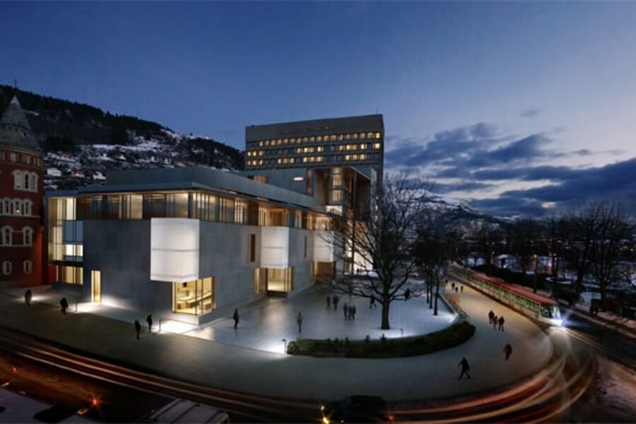 Nybygget til Gulating lagmannsrett i Bergen. Illustrasjon: MIR