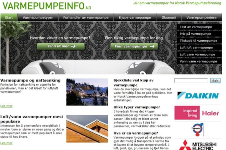 Faksmile av hjemmesiden til varmepumpeinfo.no