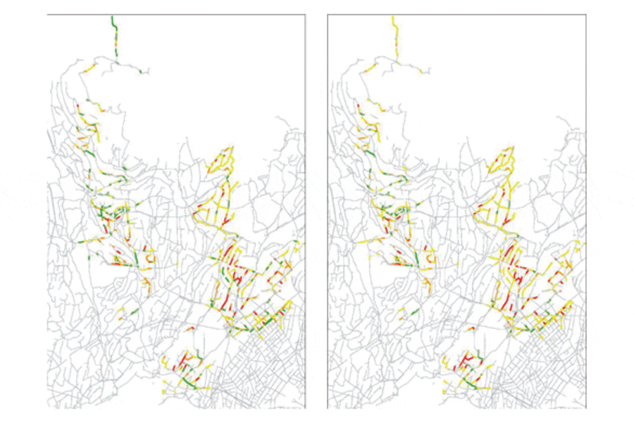Fig. 1. GIS illustrasjon av dagens tilstand på ledningsnettet i Oslo (t.v.) og nedbrytning av de inspiserte ledningene etter 30 år ved et gjør ingenting-scenario (t.h.). Grønn = klasse 1 (best), gul = klasse 2, orange = klasse 3, rød = klasse 4 (dårligst )