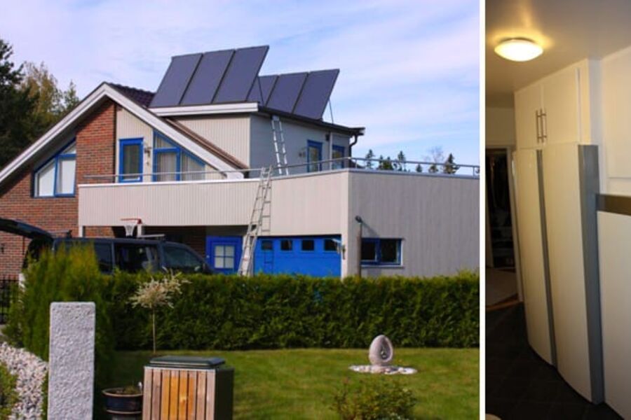 Solfangeranlegg på enebolig i Asker erstatter store deler av strømmen som blir brukt til oppvarming av tappevann og deler av varmebehovet. Foto: Hitech Energy