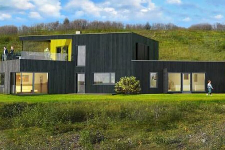 Passivhuset Løvset besto de første tetthetsmålingene selv om det ikke er typisk passivhus i formen. (Illustrasjon: Norgeshus)