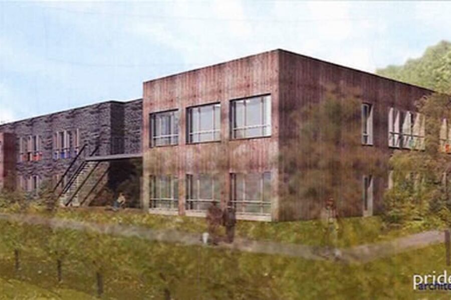 Bygget skal romme totalt 22 leiligheter, fellesstuer og kjøkken i forbindelse med leilighetene, samt kontorer, vaktrom og datarom. Illustrasjon: Pride Architecture