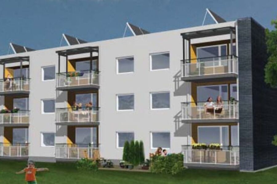 Myhrerenga er det første blokkprosjektet i Norge som oppgraderes etter passivhuskonseptet. Totalt energiforbruk er planlagt redusert med nesten 70 prosent. Illsutrasjon: Arkitektskap