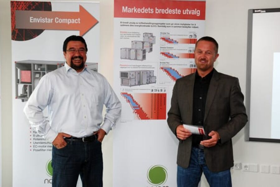  Målet for Noram Produkter AS og IV Produkt AB er å utvikle og levere markedets mest energieffektive luftbehandlingsprodukter, sier fra venstre eksportsjef Manuel Swärd i IV Produkt AB og Knut Olav Dybsjordi Noram Produkter AS.