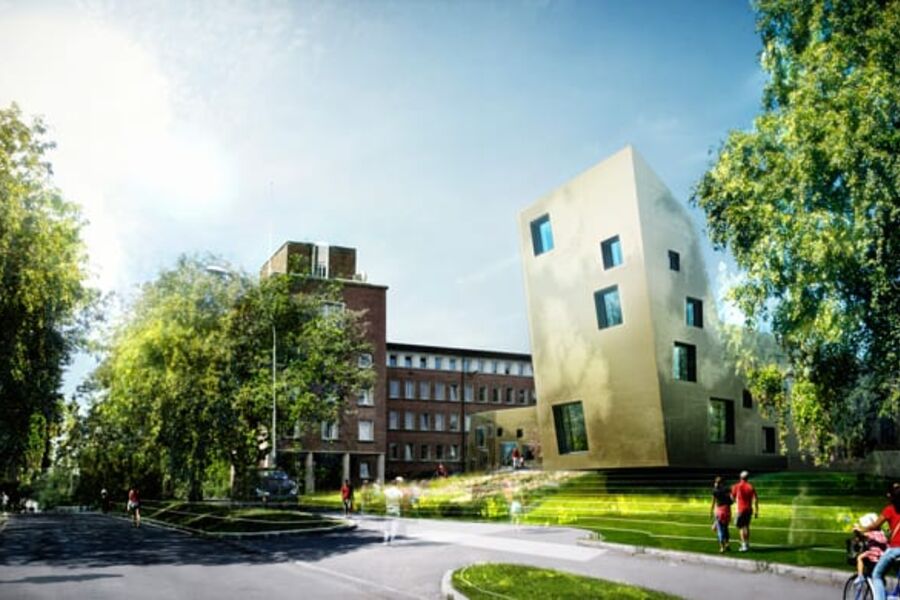 Meterologisk institutt i Oslo, omtalt på Futurebuilt.no. Perspektiv fra adkomstvei. Illustrasjon: Pir ll arkitekter