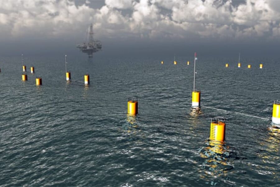 Slik kan det norske bølgekraftverket utenfor Ålesund bli. Illustrasjon: Langlee Wave Power