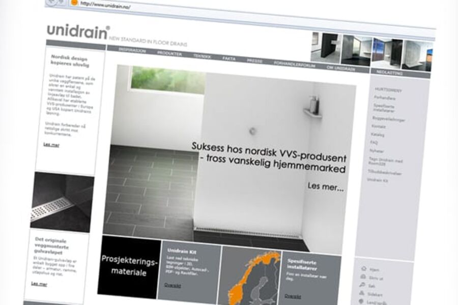Alt tyder på at internett blir den foretrukne informasjonskilde for rørleggere og arkitekter i VVS-bransjen, viser undersøkelse som Un idrain har gjort. Illustrasjon av selskapets nye internettside.