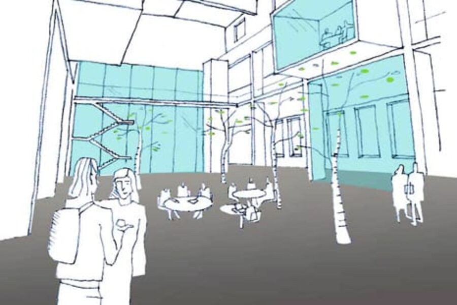 Moderne skole i gammel industrianlegg med krigshistorie i Oslo. Atrium, sett fra gangbro. Illustrasjon: Multiconsult/ Arch Uno.