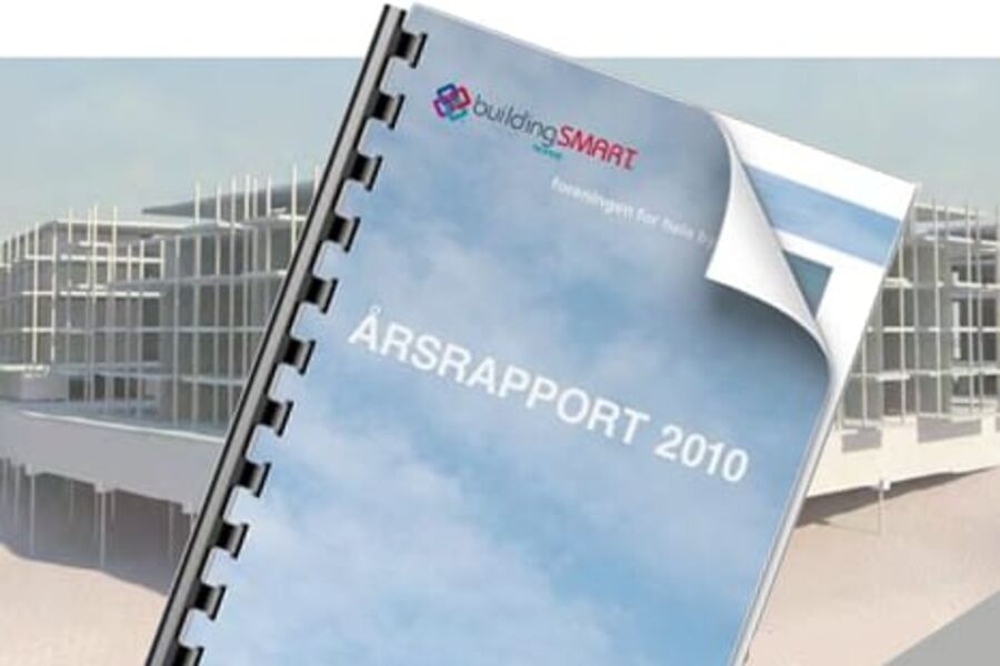 buildingSMART har lagt frem årsrapporten for 2010, åtte sider beskrivelse av et aktivt år. Illustrasjon VVS-Forum.no. Årsrapporten i forgrunnen og Norconsults Prosjekt Arnebergs Haga i bakgrunnen.