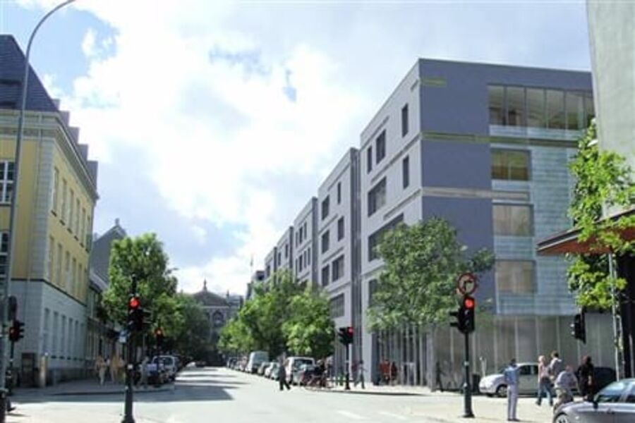 SpareBank 1 SMN i Trondheim: Vannbåren varme og balansert ventilasjon er med på i redusere energiforbruket til én syvendedel. Illustrasjon: Arkitekt Per Arne Hamre