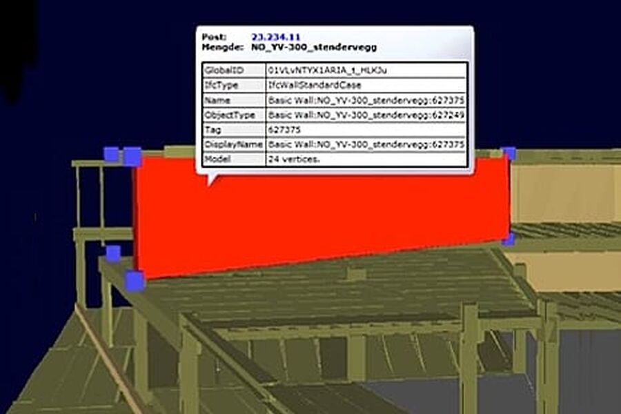 Nå kan du vise modellen i ISY G-prog Beskrivelse, dra og slippe bygningselementer fra register inn på modellen, og vips så har du poster med NS-koder i beskrivelsen. (Illustrasjon: NoIS)