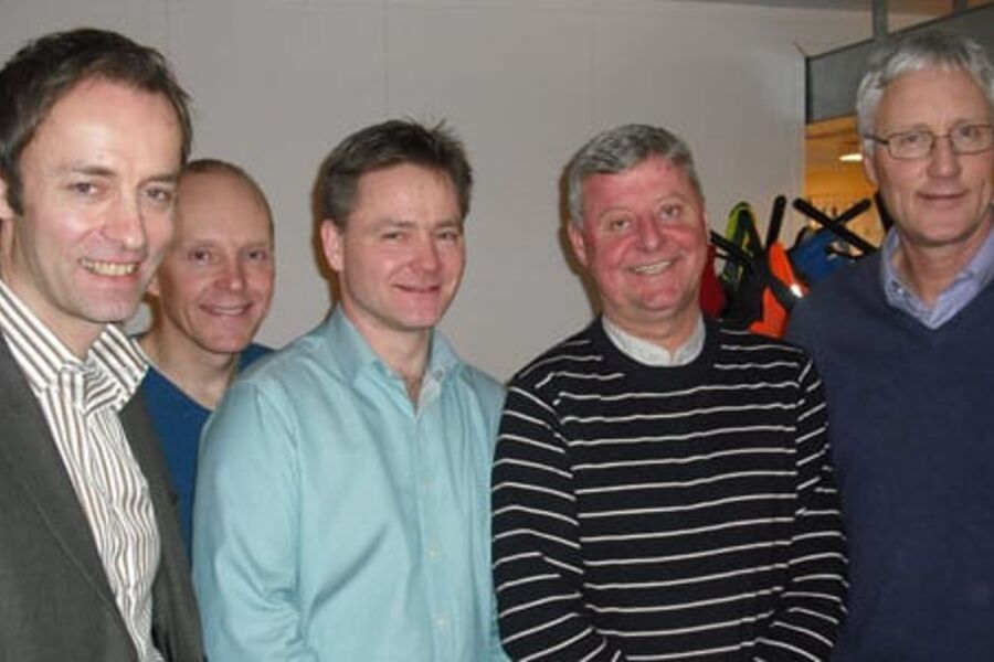 Kontraktskameratene: F.v. Terje B. Nikolaisen (TSO/Cowi), Lars Abrahamsen (Helsebygg), Harald Hasfjord (YIT), Bjørn Remen (Helsebygg), Ståle Brovold (Veidekke).