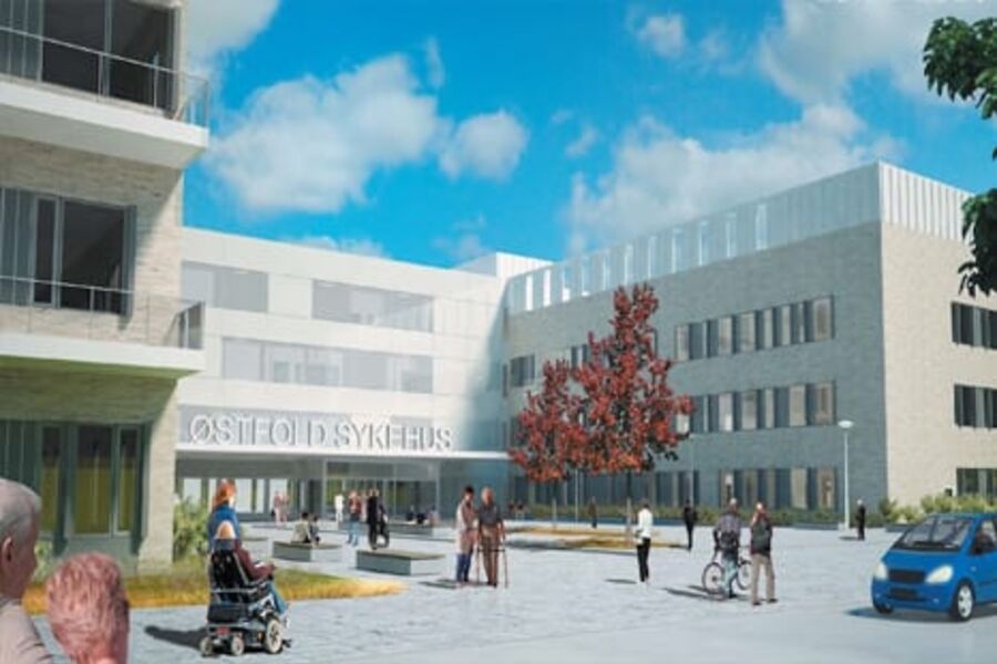 Det nye sykehuset på Kalnes blir det største bygget i Østfold. Illustr. Helse Sør-Øst/Arkitektgruppen.