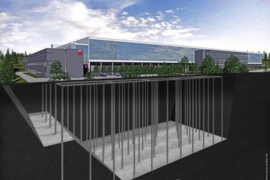 Skisse av det nye postterminalbygget på Lørenskog. 90 energibrønner til 200 m dyp leverer varme og kjøling til bygget. Illustrasjon: Norges Geotekniske Institutt