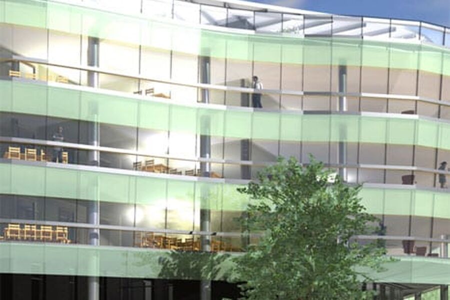 Et nytt kontorbygg på Sanden Næringsområde i Larvik er under oppføring. Her har Oras hele rørentreprisèn på oppdrag fra Buer Entreprenør. Det er arkitektene Halvorsen og Reine som har tegnet bygget. Illustrasjon: Halvorsen & Reine.