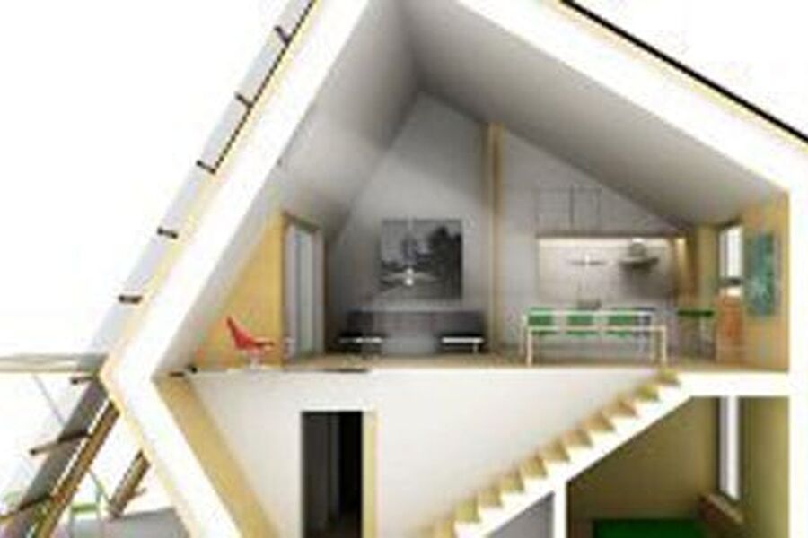 Passivhus spesielt designet for Røros. Bygget har tak fra mønet og ned til bakken for å gi optimale forhold for solfangeranleggene. Mot gata har huset