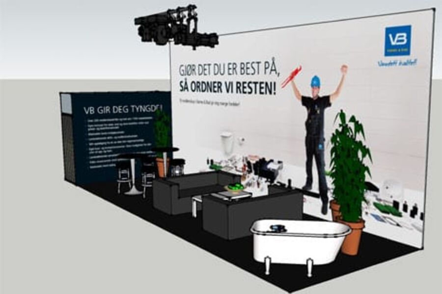 Slik vil Varme og Bad sin stand bli seende ut under VVS-dagene.