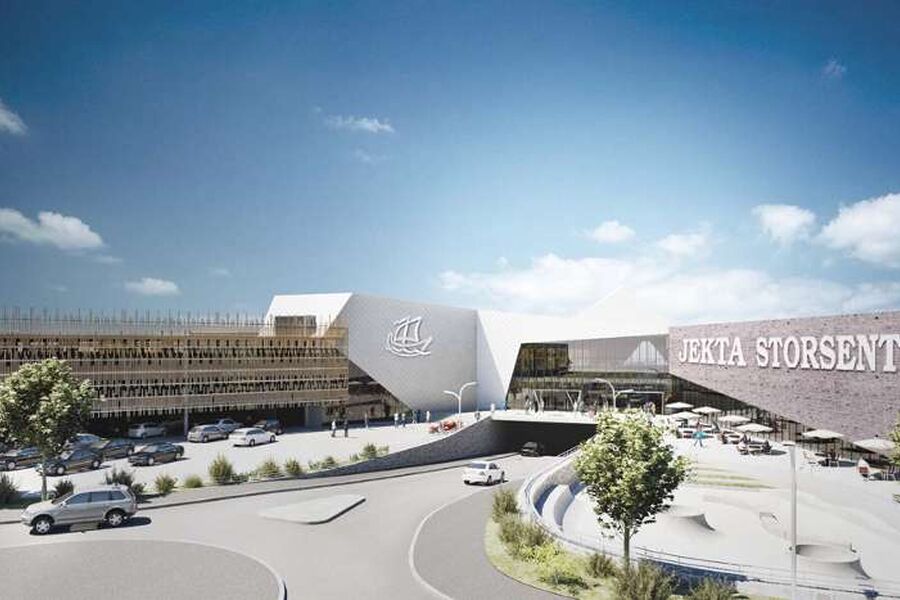 Kontrakten omfatter et nytt bygg med 43.401 m2 forretningsarealer, samt parkeringskjellere på 23.400 m2. Illustrasjon: AMB Arkitekter