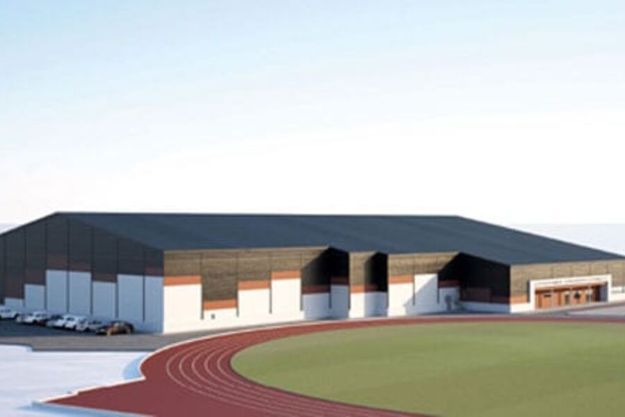 Illustrasjon av Leikvang Friidrettshall utenfor Bergen.