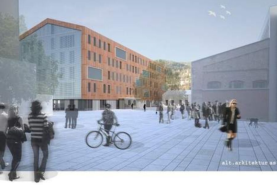 Det nye skolesenteret til NSB på Sundland i Drammen skal etter planen stå ferdig i august neste år.Det er et mål å utvikle et bygg med lavt energiforbruk, med godt inneklima og basert på universell utforming. Illustrasjon: Alt Arkitektur AS